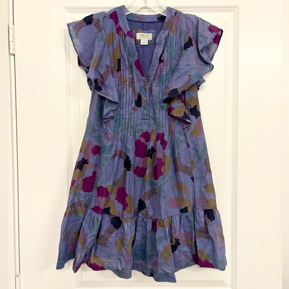 Maeve Anthropologie Silk Cotton Dress XSP Pintuck Floral Flutter Sleeve - Picture 8 of 9
